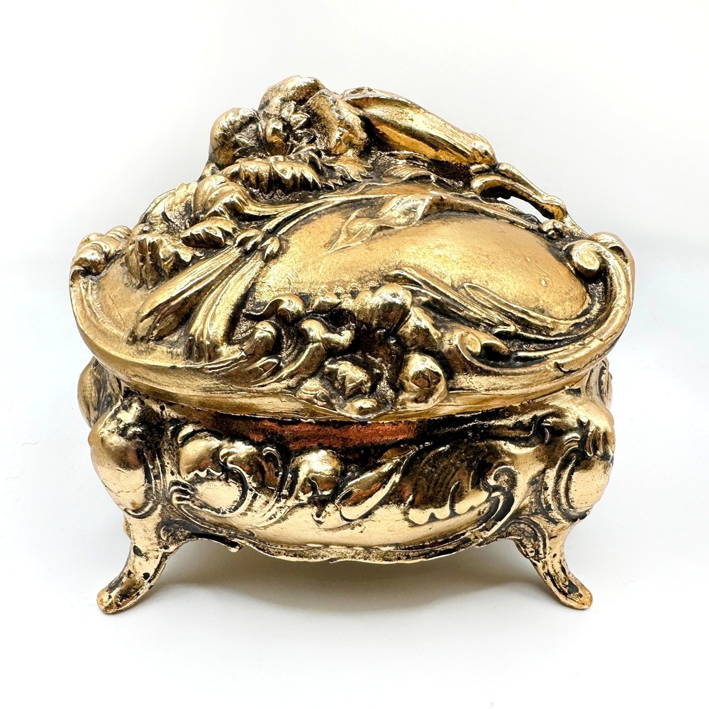 Vintage Gold Tone Ornate Metal Jewelry Trinket Box Hinged Lid Footed Art Nouveau